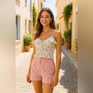 Zara Trafaluc Smocked Ruffle Crop Top White Floral Spaghetti Strap - Size S